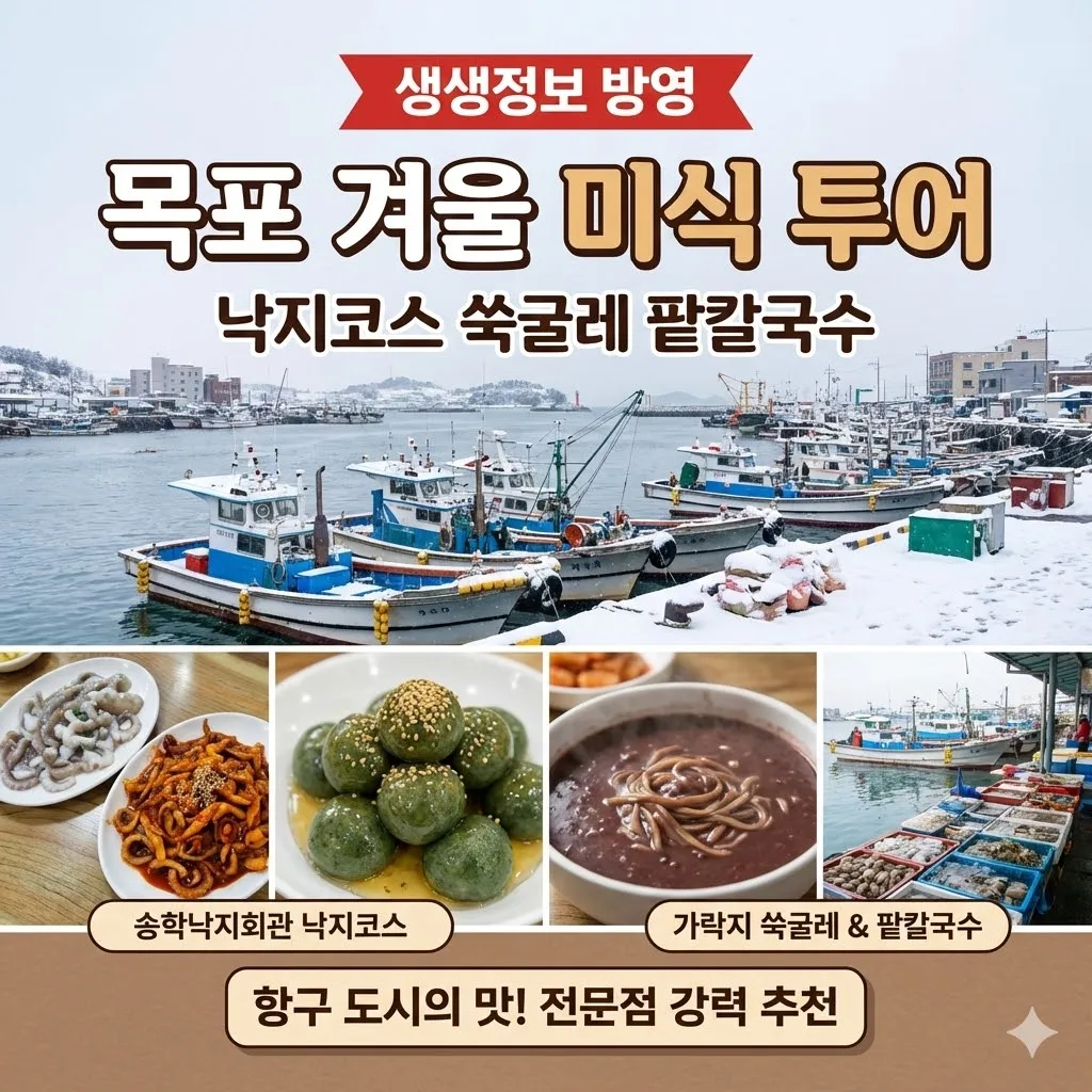 생생정보 목포 낙지코스 쑥굴레 팥칼국수 전문점 추천, 송학낙지회관부터 가락지까지 겨울 항구 도시 미식 투어