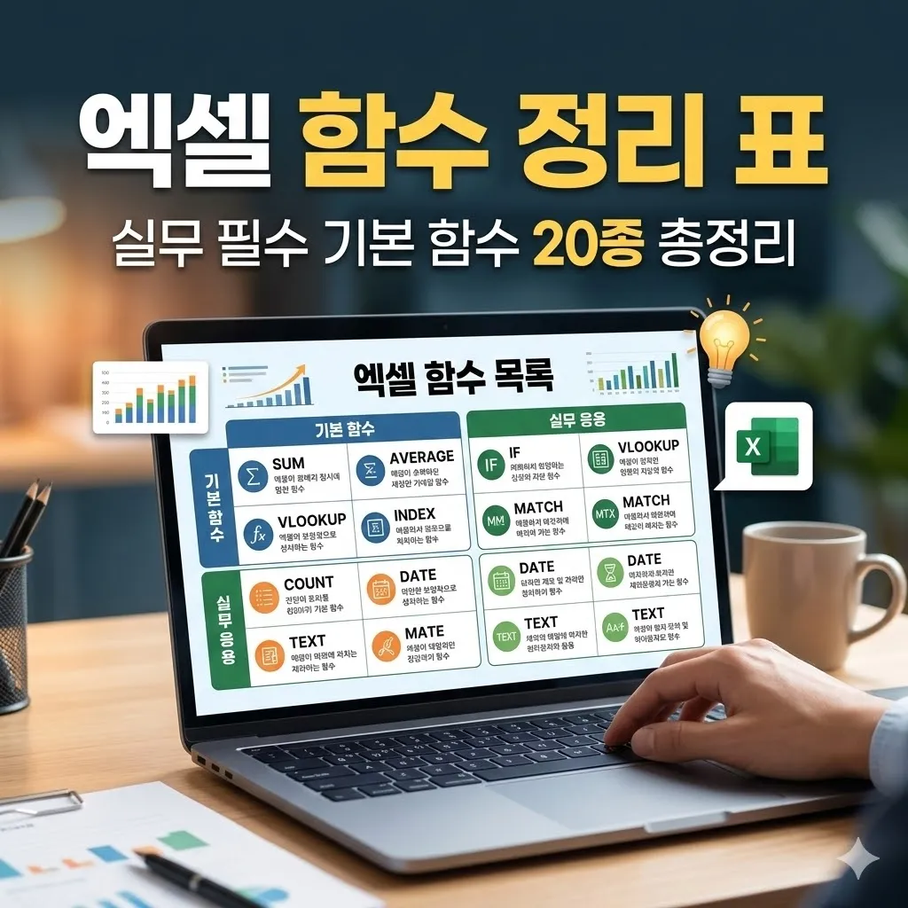 엑셀 함수 정리 표 실무 필수 기본 함수 20종 총정리